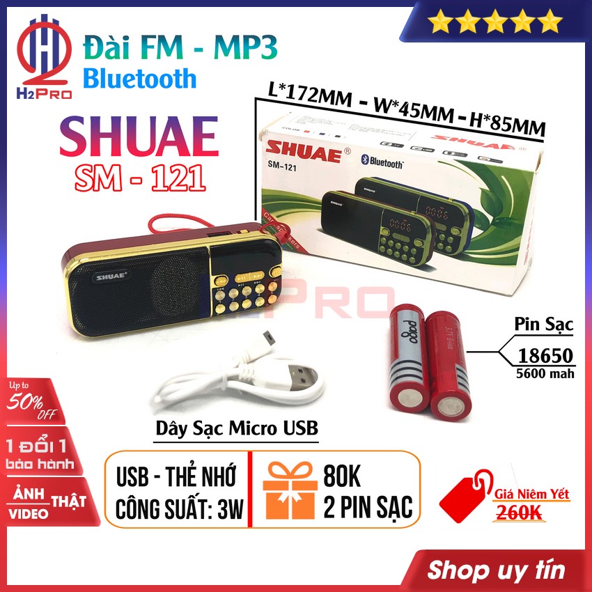 Đài FM-Mp3 bluetooth SHUAE SM-121 3W H2Pro USB-Thẻ nhớ-pin sạc 18650