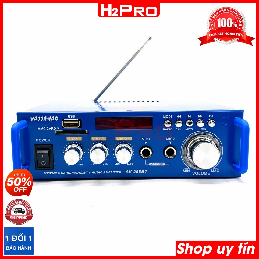 Amply mini 12V-220V Bluetooth H2PRO AV298BT 600W Radio-USB-Thẻ nhớ-Karaoke, ampli mini công suất lớn giá rẻ tải 1 cặp bass 20 (tặng đọc thẻ nhớ, jack acquy, dây av giá 50K)