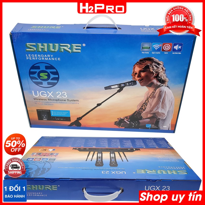 Bộ 02 micro không dây Shure UGX 23 H2Pro-4 râu anten, micro karaoke cao cấp mic hút, tiếng sáng, chống hú (tặng 2 chống lăn mic và 2 đôi pin 60k)