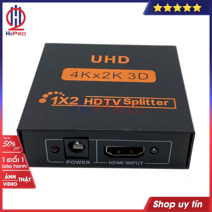 Bộ Chia HDMI 1 ra 2 H2pro cao cấp chuẩn 4K-3D-chất lượng cao chuẩn đầu vào, Bộ Chia HDMI 1 ra 2 4K Splitter 1x2 hàng hãng (tặng củ nguồn 5V-1A 50k)