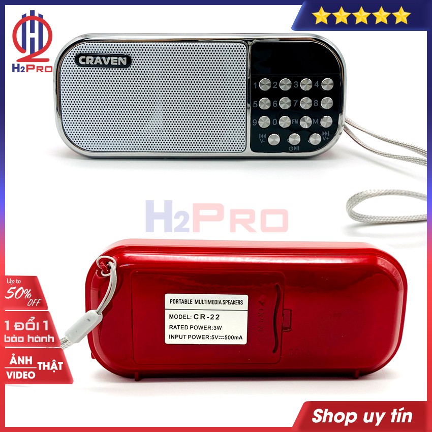 Đài FM-Mp3 CRAVEN CR-22 ​3W H2Pro USB-Thẻ nhớ-pin sạc BL-5C (1 chiếc), đài radio FM-máy nghe nhạc cao cấp (tặng pin sạc BL-5C và dây sạc giá 80k)
