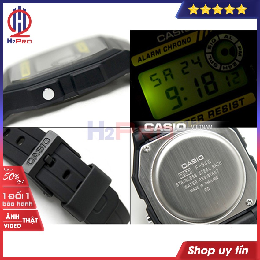 Đồng hồ điện tử Casio F-94W H2Pro cao cấp-chống nước-siêu bền-nhẹ (1 chiếc), đồng hồ casio nam, nữ mặt vuông huyền thoại