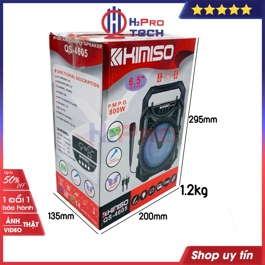 Loa Bluetooth Karaoke Mini, loa xách tay karaoke Kimiso QS-4605 bass 16 cao cấp-led 7 màu, Tặng 1 Mic có dây-Shop H2pro