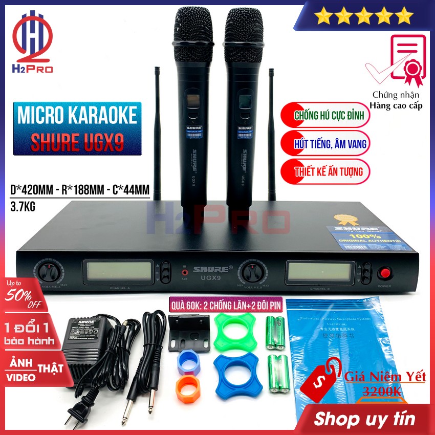 Bộ micro karaoke không dây Shure UGX9 cao cấp mic hút, tiếng sáng, chống hú