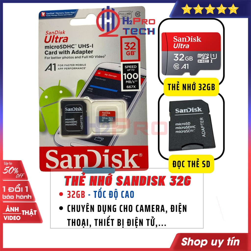 Thẻ Nhớ 64G, 32G, 8G Micro SD Sandisk Hikvision Chuyên Dụng Cho Camera, Máy Ảnh, Đài Nghe Nhạc, Điện Thoại - H2pro Tech