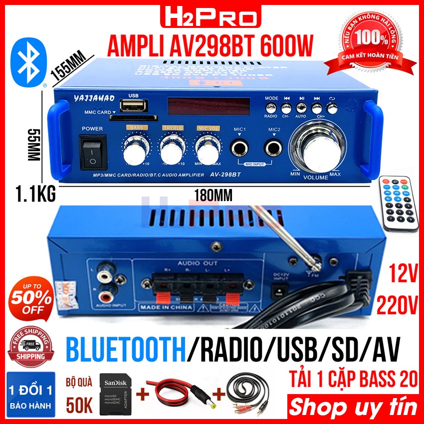 Đánh giá về Amply mini 12V-220V Bluetooth H2PRO AV298BT 600W Radio-USB-Thẻ nhớ-Karaoke, ampli mini công suất lớn giá rẻ tải 1 cặp bass 20 (tặng đọc thẻ nhớ, jack acquy, dây av giá 50K)