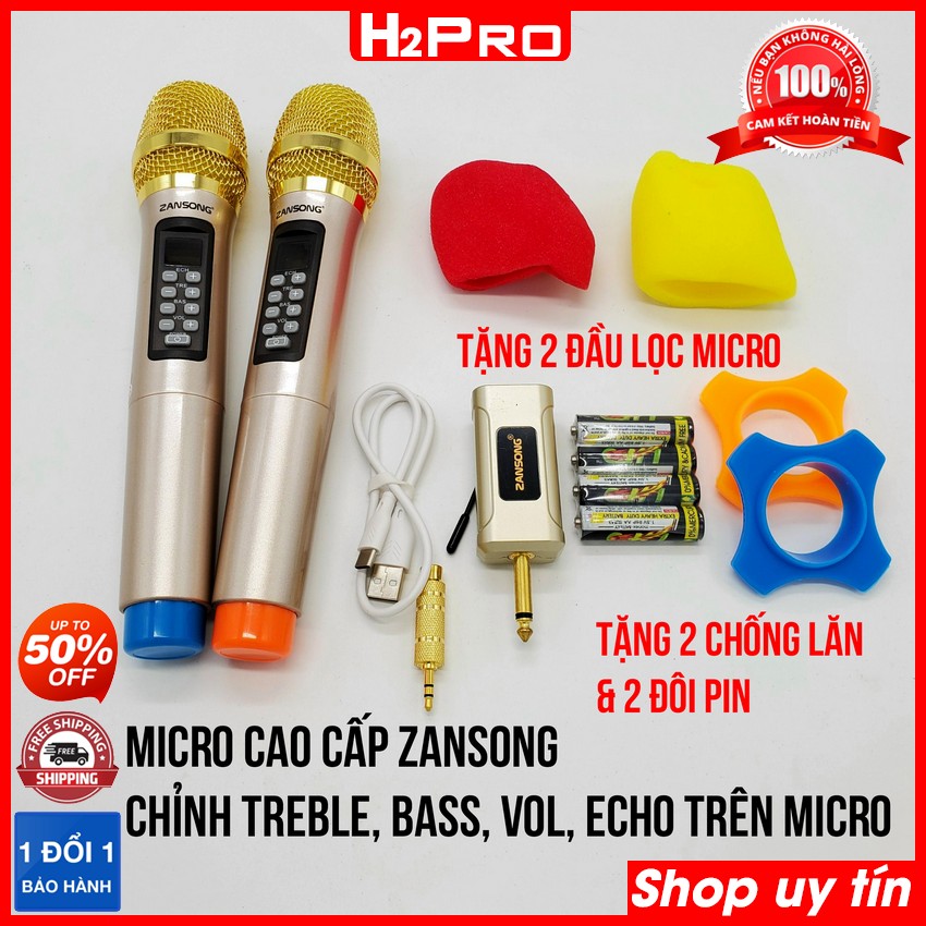 Đặc điểm nổi bật của Đôi Micro không dây cao cấp Zansong V99 H2PRO UHF-chỉnh treble, bass, echo, vol trên micro, Micro karaoke cầm tay giá rẻ, tặng 2 đôi pin và 2 Silicon Chống lăn