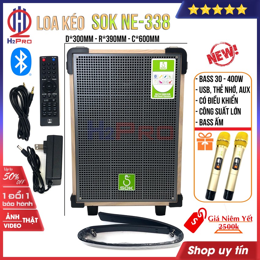Đánh giá về Loa Kéo Karaoke Bluetooth SOK NE-338 H2Pro bass 25-350W-USB-thẻ nhớ-AUX hàng hãng, loa kẹo kéo bluetooth karaoke cao cấp điện 220v và 12v ( tặng 2 micro)