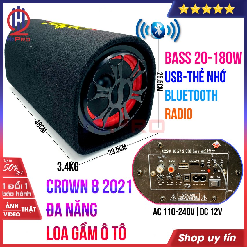 Đánh giá về Loa bluetooth Crown 8 2021 H2PRO bass 20-180W đa năng USB-Thẻ nhớ-radio (1 loa), loa gầm ô tô cao cấp nghe nhạc hay điện 220V-110V-12V