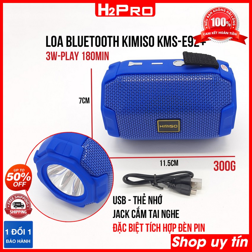 Đặc điểm nổi bật của Loa bluetooth mini Kimiso E92+ 2020 H2PRO, loa bluetooth giá rẻ có USB-Thẻ nhớ, jack tai nghe, đèn pin