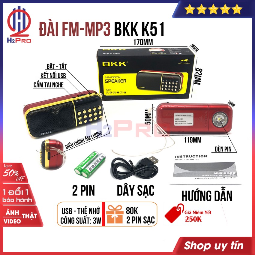 Đánh giá về Đài FM-Mp3 BKK K51 3W H2Pro đa năng USB-Thẻ nhớ-Đèn pin-2 pin sạc 18650 (1 chiếc), đài radio FM-máy nghe nhạc cao cấp (tặng 2 pin sạc 18650 80k)