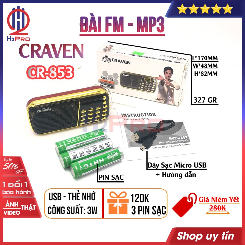 Đánh giá về Đài FM-Mp3 CRAVEN CR-853 ​3W H2Pro USB-Thẻ nhớ- loại 3 pin sạc 18650 (1 chiếc), đài radio FM-máy nghe nhạc cao cấp (tặng 3 pin sạc 18650 120k)