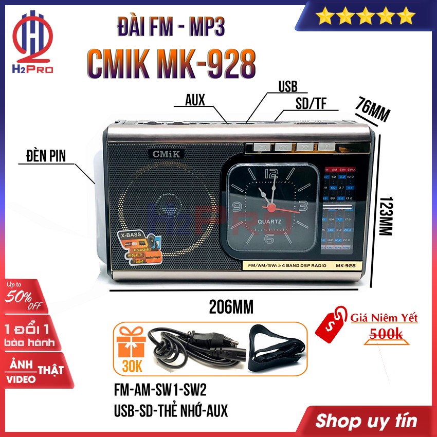 Đánh giá về ĐÀI RADIO FM-AM-SW Cmik MK-928 H2Pro cao cấp 4 bands FM-AM-SW1-SW2-Pin sạc-máy nghe nhạc Mp3-Đồng hồ-Đèn pin (1 chiếc), đài radio đa năng USB-SD-Thẻ nhớ-AUX (tặng dây sạc và dây đeo 30k)