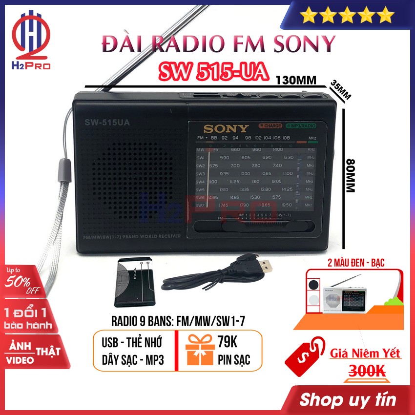Thông số kỹ thuật của Đài radio FM Sony SW-515UA H2Pro 9 Bands Quốc tế FM, MW, SW1-7, đài radio sạc điện, có USB-Thẻ nhớ làm máy nghe nhạc mp3 (tặng pin sạc và dây sạc 79K)