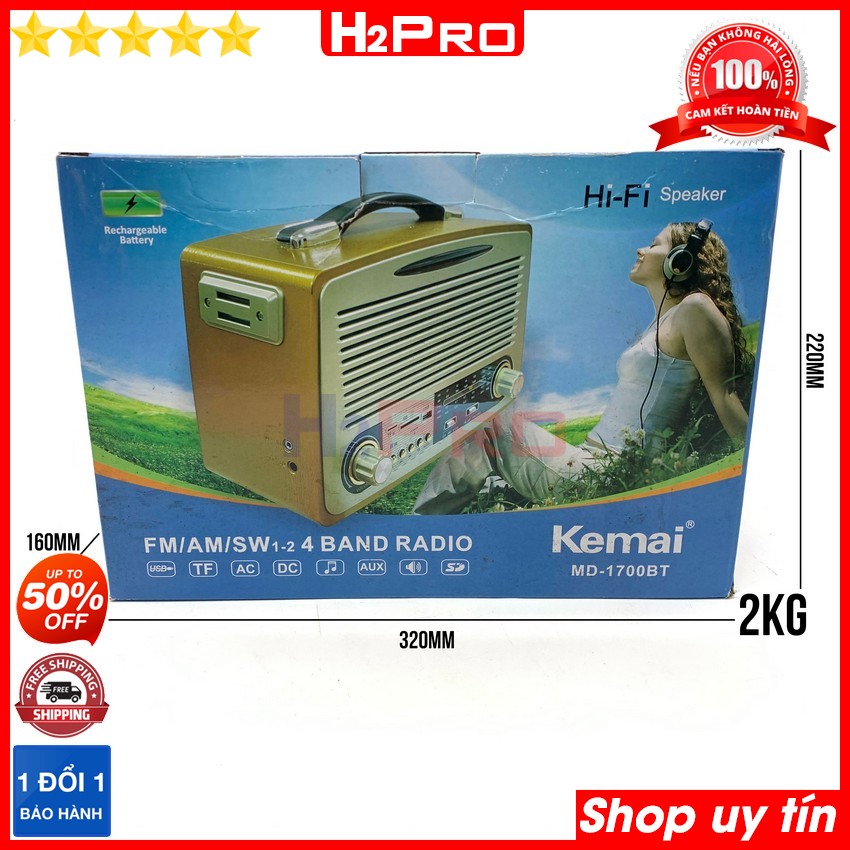 Thông số kỹ thuật của Đài radio Kemai MD-1700BT H2Pro 4 band AM-FM-SW, 10W-pin sạc, máy nghe nhạc hay có bluetooth-USB-Thẻ nhớ-AUX