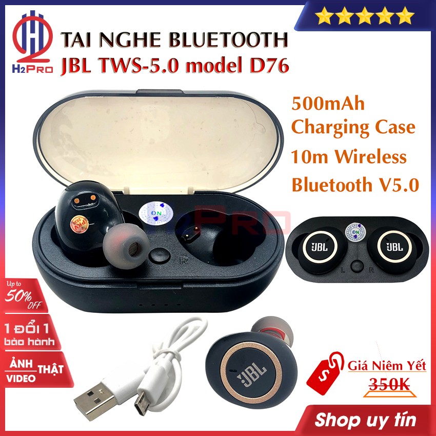 Đánh giá về Tai nghe Bluetooth JBL TWS-5.0 model D76 H2Pro, tai nghe true wireless không dây âm thanh tốt, bass căng, có đàm thoại