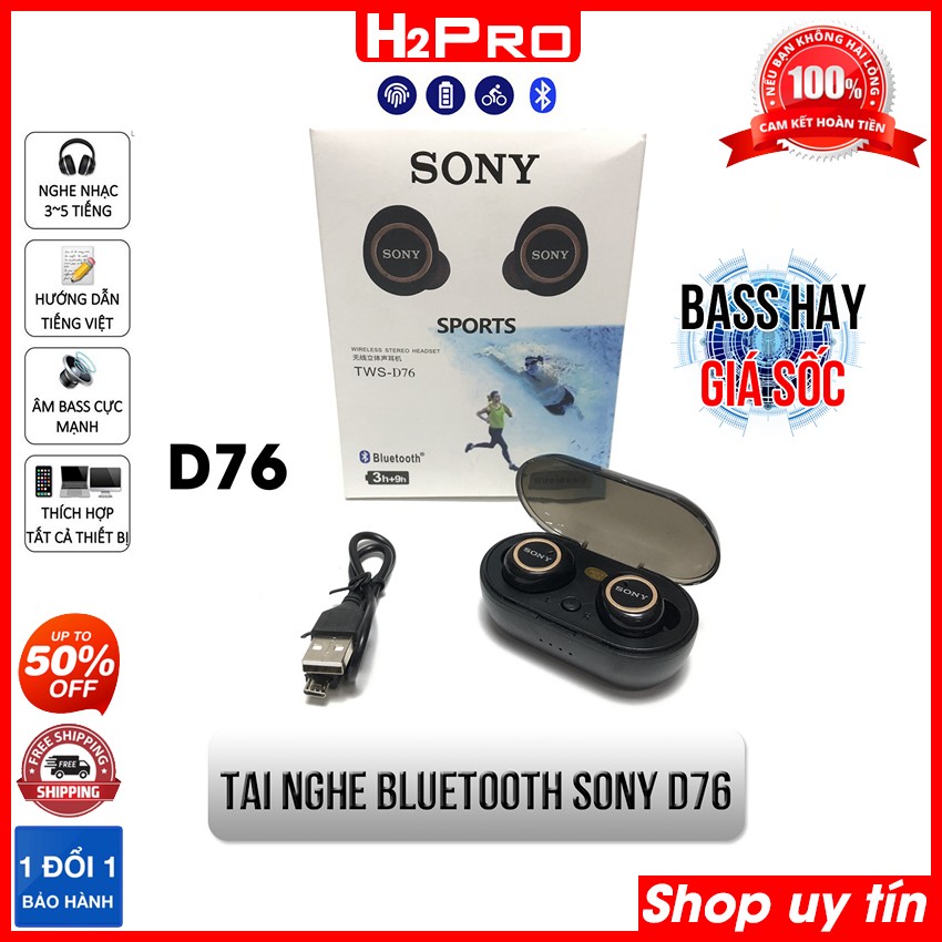 Đánh giá về Tai Nghe Bluetooth Sony D76 H2Pro, tai nghe bluetooth không dây khử tiếng ồn, bass căng, tai nghe thể thao