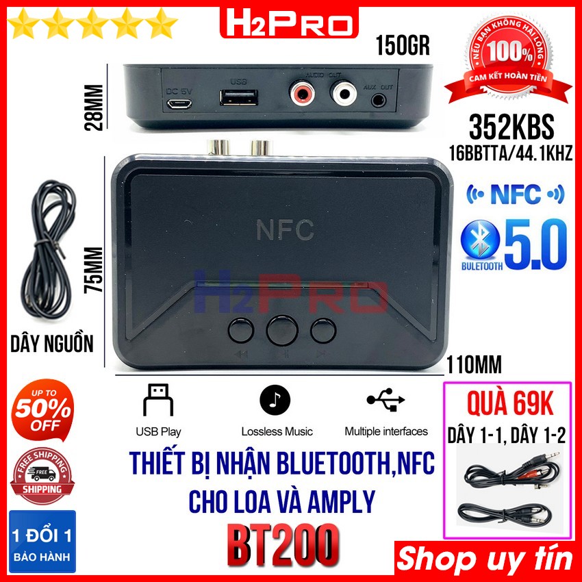 Đánh giá về Thiết bị nhận bluetooth, NFC cho loa và amply BT200 H2Pro cao cấp USB-AV-AUX, thiết bị nhận bluetooth 5.0 (tặng dây 2 đầu 3.5 và dây AV 1 ra 2 69k)