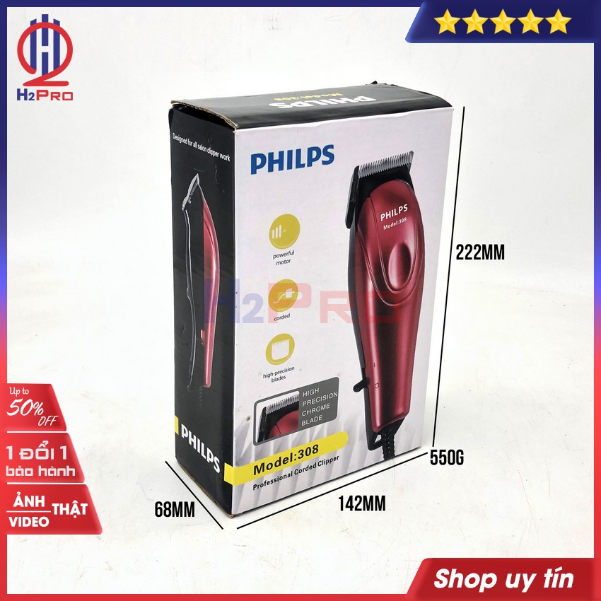 Thông số kỹ thuật của Tông Đơ Cắt Tóc Philips 308 H2Pro cao cấp-sắc bén-cắt êm-sử dụng điện trực tiếp, tông đơ cắt tóc Philips 308 chuyên nghiệp giá rẻ (tặng bộ 4 cữ 99k)