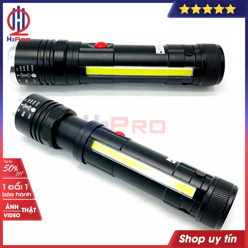 Thông số kỹ thuật của Đèn pin LED siêu sáng mini pin sạc H2Pro cao cấp hỗ trợ ZOOM x2000-chiếu xa 200m (1 chiếc), đèn pin siêu sáng cầm tay tích hợp đèn neon-LED trắng-có gim cài áo (tặng dây và pin sạc 18650 80k)