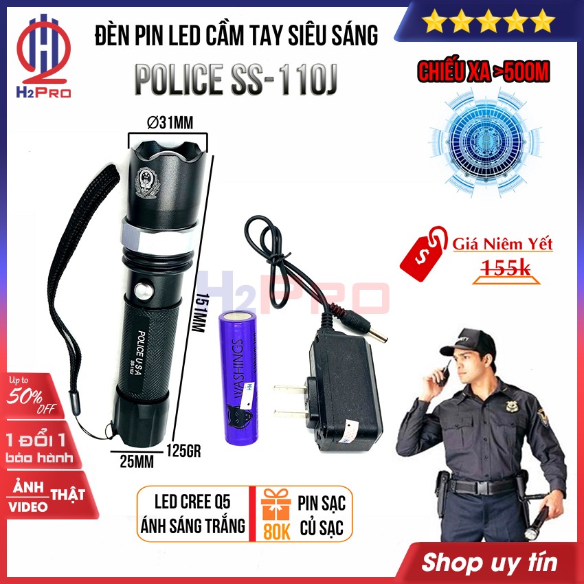 Đánh giá về Đèn pin LED siêu sáng mini pin sạc Police SS-110J H2Pro hàng hãng-cao cấp-chiếu xa 500m, đèn pin led 110 chống thấm nước-3 chế độ sáng-LED trắng (tặng củ sạc và pin sạc 18650 80k)