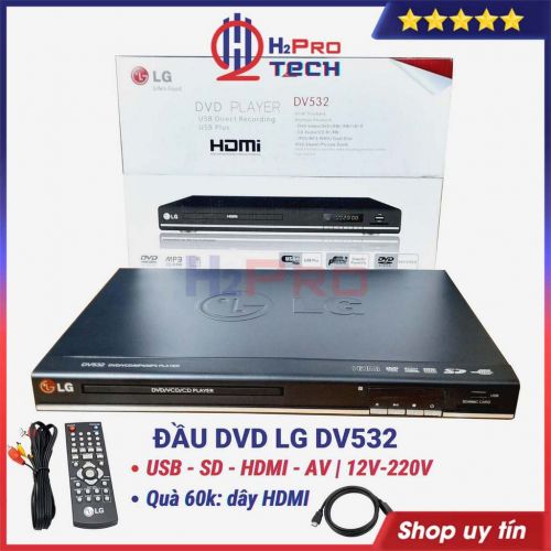 Đầu đĩa DVD LG DV532 H2Pro hàng hãng đa  năng USB-thẻ nhớ-HDMI, điện 220V-12V, đầu dvd karaoke LG cao cấp đời 2022 (Quà 30k dây HDMI và đôi pin)