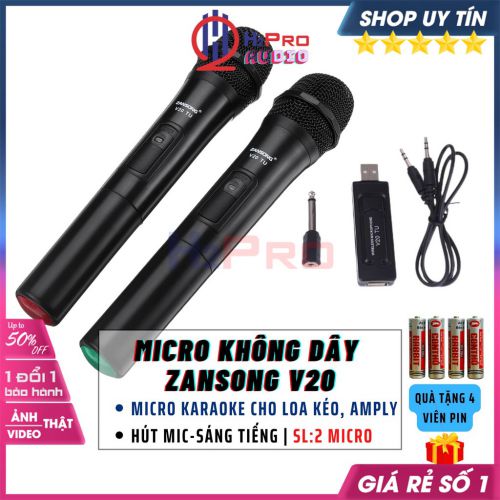 Bộ 2 Micro Không Dây Karaoke, Micro Hát Karaoke Zansong V20 Cao Cấp, Âm Thanh Tốt, Hút Âm Mạnh Mẽ (Tặng Pin)-H2Pro Tech