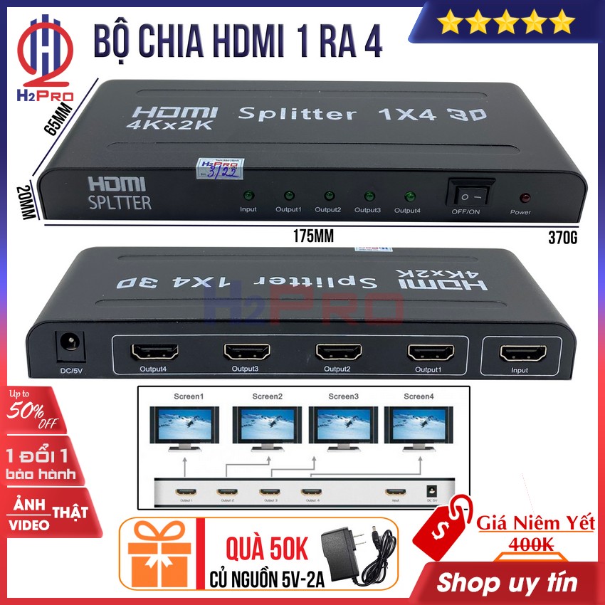Bộ Chia HDMI 1 ra 4 H2pro cao cấp chuẩn 4K-3D-chất lượng cao 