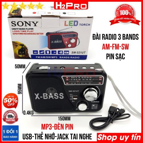 ĐÀI RADIO FM-AM-SW H2Pro SW-521UT kiêm máy nghe nhạc USB-Thẻ nhớ, jack tai nghe, đài radio pin sạc tích hợp ĐÈN PIN