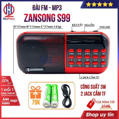 Đài radio FM-loa thẻ ZanSong S99 H2Pro đa năng nghe đài radio kiêm máy nghe nhạc mp3-2 pin sạc-2 khay thẻ nhớ (tặng pin sạc và dây sạc 79K)