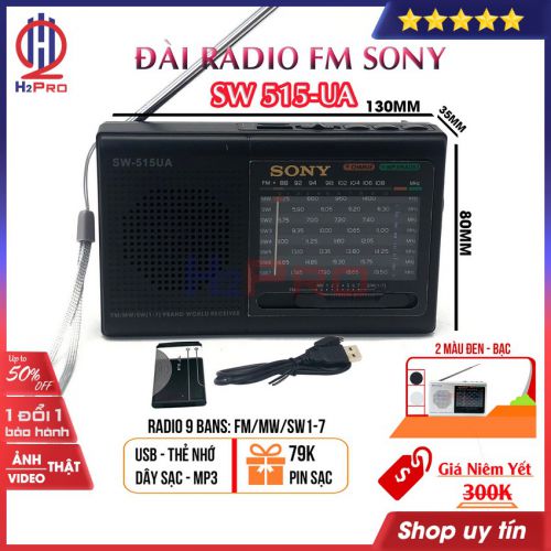 Đài radio FM Sony SW-515UA H2Pro 9 Bands Quốc tế FM, MW, SW1-7, đài radio sạc điện, có USB-Thẻ nhớ làm máy nghe nhạc mp3 (tặng pin sạc và dây sạc 79K)