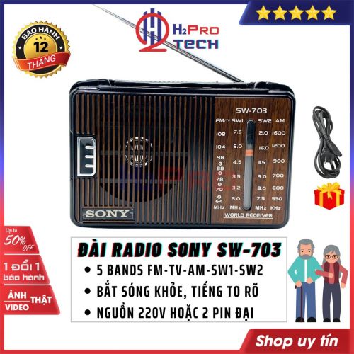 Đài radio Sony SW-703 H2Pro 5 bands FM-TV-AM-SW1-SW2 bắt sóng khỏe, máy đài radio sony fm-am dễ dùng-chạy 2 pin đại (tặng 2 pin đại và dây nguồn 50K)