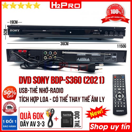 Đầu đĩa DVD SONY BDP-S360 2021 H2Pro đa năng USB-Thẻ nhớ-radio FM-tích hợp loa, đầu dvd karaoke sony cao cấp tích hợp amply lắp thêm loa rời (tặng dây av và đọc thẻ 60k)