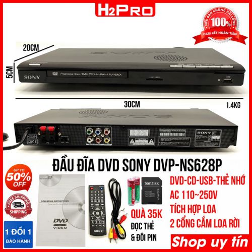 Đầu đĩa DVD Sony DVP-NS628P H2Pro USB-Thẻ nhớ,tích hợp loa và 2 cổng cắm loa rời, đầu dvd karaoke sony cao cấp (tặng đọc thẻ SD và đôi pin 35k)