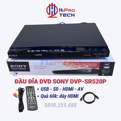 Đầu Đĩa Dvd Sony DVP-SR520P Hdmi-Usb-SD, Đầu Dvd-Cd Sony 520P Karaoke Cao Cấp, Quà 60K Dây HDMI-H2Pro Tech