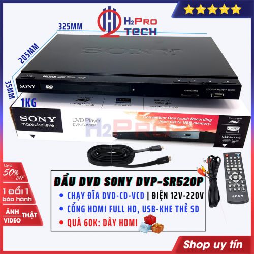 Đầu Đĩa Dvd Sony DVP-SR520P Hdmi-Usb-SD, Điện 12V-220V, Đầu Dvd-Cd Sony Karaoke Cao Cấp, Quà 60K Dây HDMI-H2Pro Tech