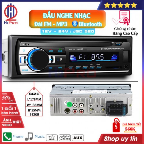 Đầu Nghe Nhạc MP3 Bluetooth-Đài FM JSD-520 H2Pro cao cấp Cho Ô Tô-Xe tải DC 12V-24V (1 chiếc), máy phát MP3-FM-USB-SD-AUX-IN-bluetooth JSD520 đa năng âm thanh nổi dành cho xe hơi