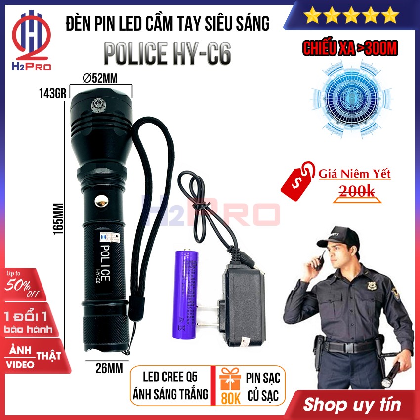 Đèn pin LED siêu sáng mini cầm tay Police HY-C6 H2Pro cao cấp-pin sạc 2300mah-chiếu xa 300m, đèn pin led trắng siêu sáng chống nước-3 chế độ sáng (tặng củ và pin sạc 18650 80k)