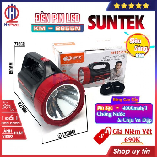 Đèn pin led siêu sáng Suntek KM-2655N H2Pro cao cấp Led 10W-pin sạc 4000mah-chống nước-chịu va đập (1 chiếc), đèn pin cầm tay siêu sáng chiếu xa