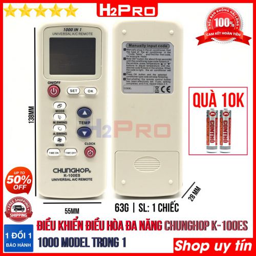 Điều khiển điều hòa đa năng CHUNGHOP K-100ES H2Pro 1000 trong 1 cao cấp (1 chiếc), remote điều khiển cho máy lạnh điều hòa đa năng giá rẻ (tặng đôi pin 10K)
