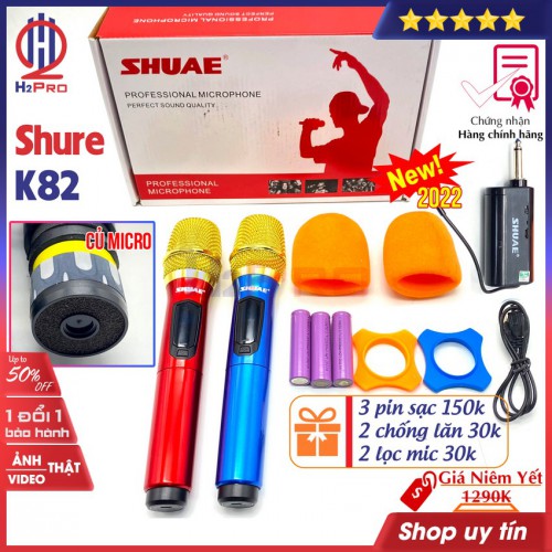 Đôi Micro không dây cao cấp SHUAE K82 H2PRO (2 mic), Micro karaoke cầm tay giá rẻ cho dàn karaoke, loa kéo (quà 210k: 3 pin sạc, 2 chống lăn, 2 lọc mic)