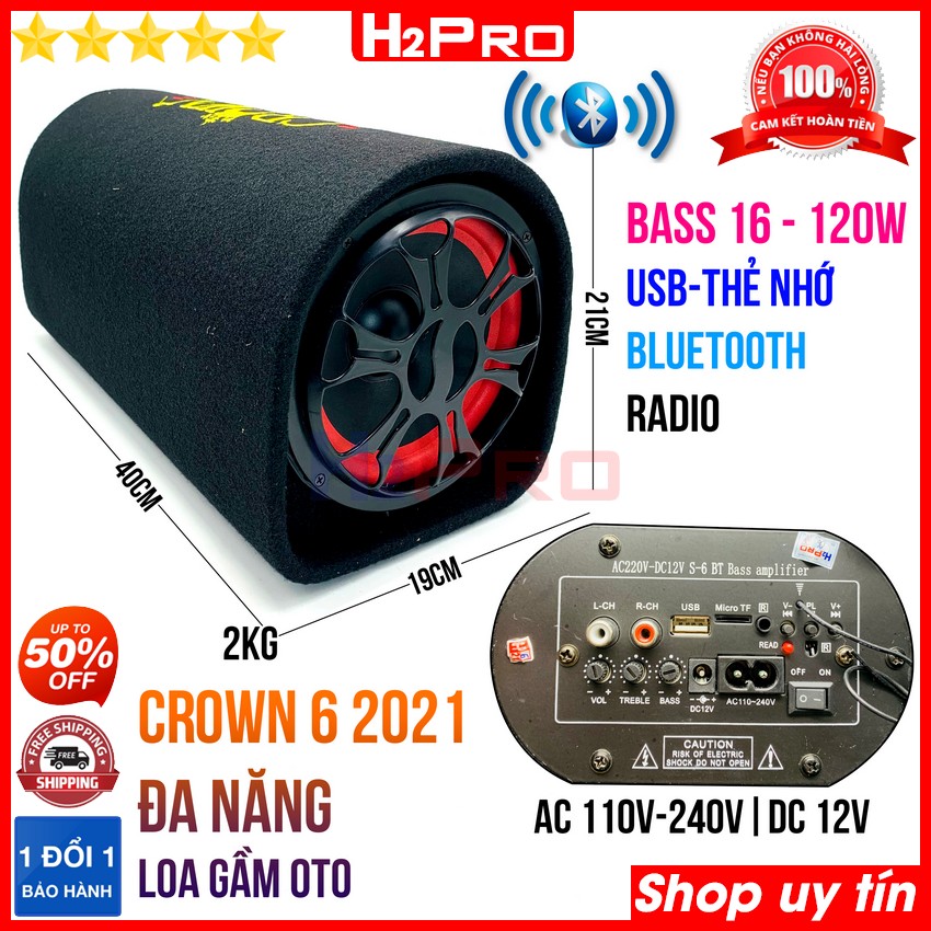 Loa bluetooth karaoke Crown 6 2021 H2PRO bass 16-120W đa năng USB-Thẻ nhớ-radio-2 jack mic, loa gầm ô tô cao cấp nghe nhạc hay điện 220V-110V-24V-12V