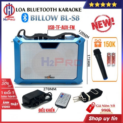 Loa Bluetooth Karaoke, Loa Xách Tay Bluetooth Billow Bl-S8 Cao Cấp 100W-Usb-Tf-Aux-Fm ( Tặng 1 Mic Ko Dây )-H2Pro Tech