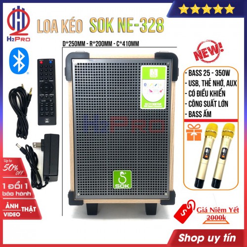 Loa Kéo Karaoke Bluetooth SOK NE-328 H2Pro bass 25-350W-USB-thẻ nhớ-AUX hàng hãng, loa kẹo kéo bluetooth karaoke cao cấp điện 220v và 12v ( tặng 2 micro)