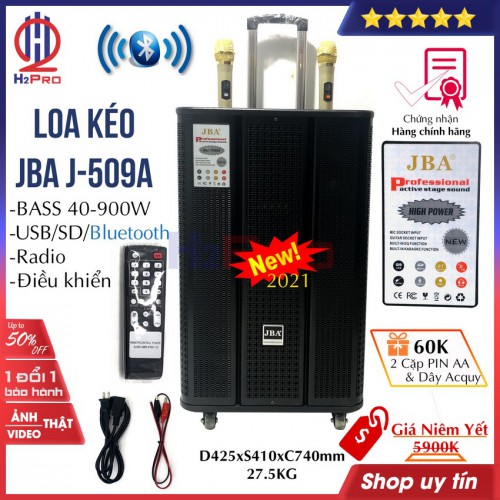 Loa kéo karaoke JBA J-509A H2PRO Cao cấp Bass 40-900W-Bass căng-treble nhuyễn-2 micro, loa kẹo kéo công suất lớn hát hay có điều khiển (tặng 2 cặp pin AA và dây acquy 60K)