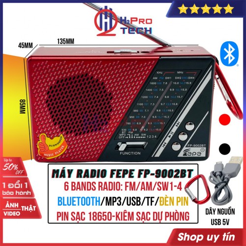 Máy Radio Cầm Tay, Đài Radio Cao Cấp Fepe FP-9002BT Fm, Am, Sw1-4, Bluetooth, Usb, Thẻ Nhớ, Pin Sạc, Đèn Pin-H2pro Tech