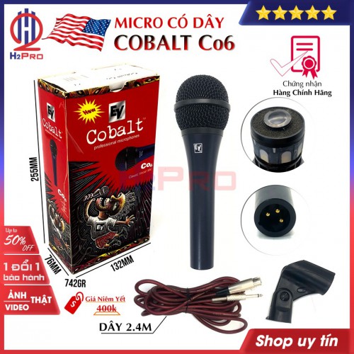 Micro có dây cao cấp EV Cobalt Co6 H2Pro hàng hãng USA, mic hút-giảm hú, tiếng sáng-nhẹ (1 mic), micro karaoke cao cấp dây dài 2.4m