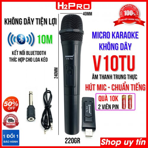 Micro không dây karaoke Zansong V10TU H2Pro hút mic-chuẩn tiếng, micro không dây loa kéo giá rẻ (tặng đôi pin 10k)