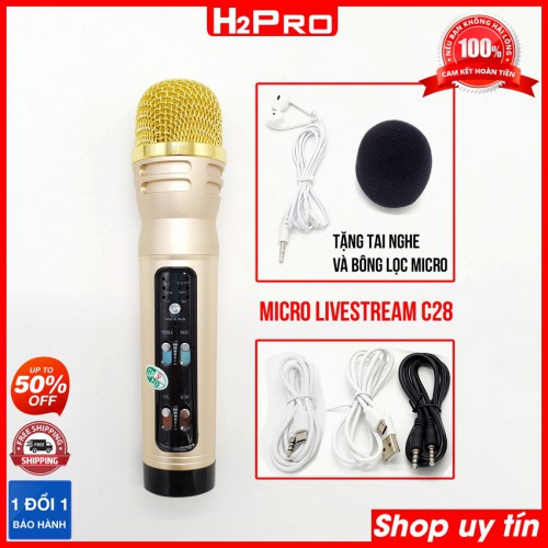 Micro thu âm điện thoại DSP C28 H2PRO Auto-tune dùng cho livestream, hát karaoke tặng kèm Tai nghe