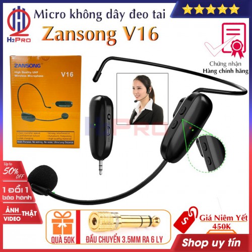 Micro trợ giảng không dây cao cấp Zansong V16 H2pro thu phát 50m-sóng khoẻ-mic rõ (1 chiếc), mic trợ giảng không dây đeo tai V16 phù hợp cho mọi thiết bị, hỗ trợ thuyết trình, giảng dạy, bán hàng, du 
